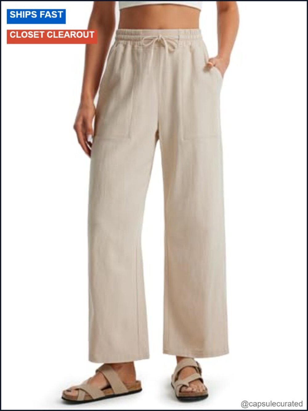 Women Linen Pants Wide Leg Side Slit High Waist Drawstring Casual Palazzo